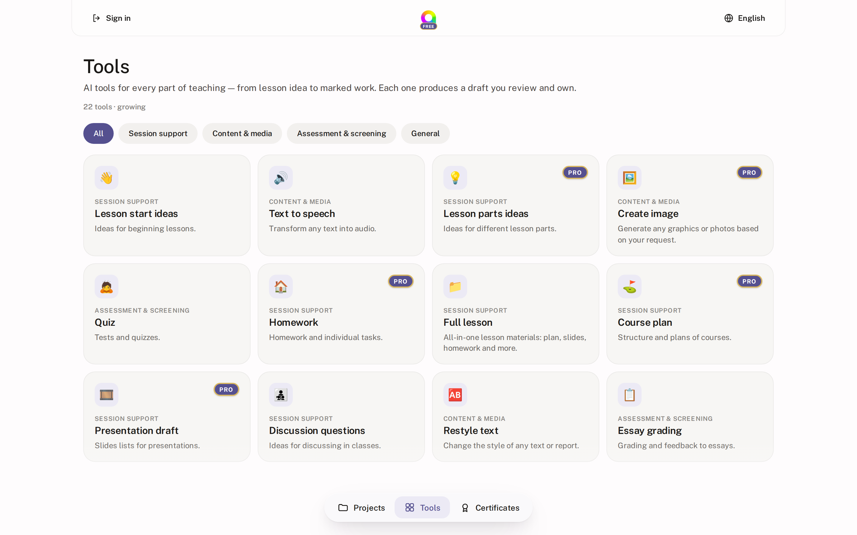 Aidemia's Tools page with lesson, quiz, homework and grading tools