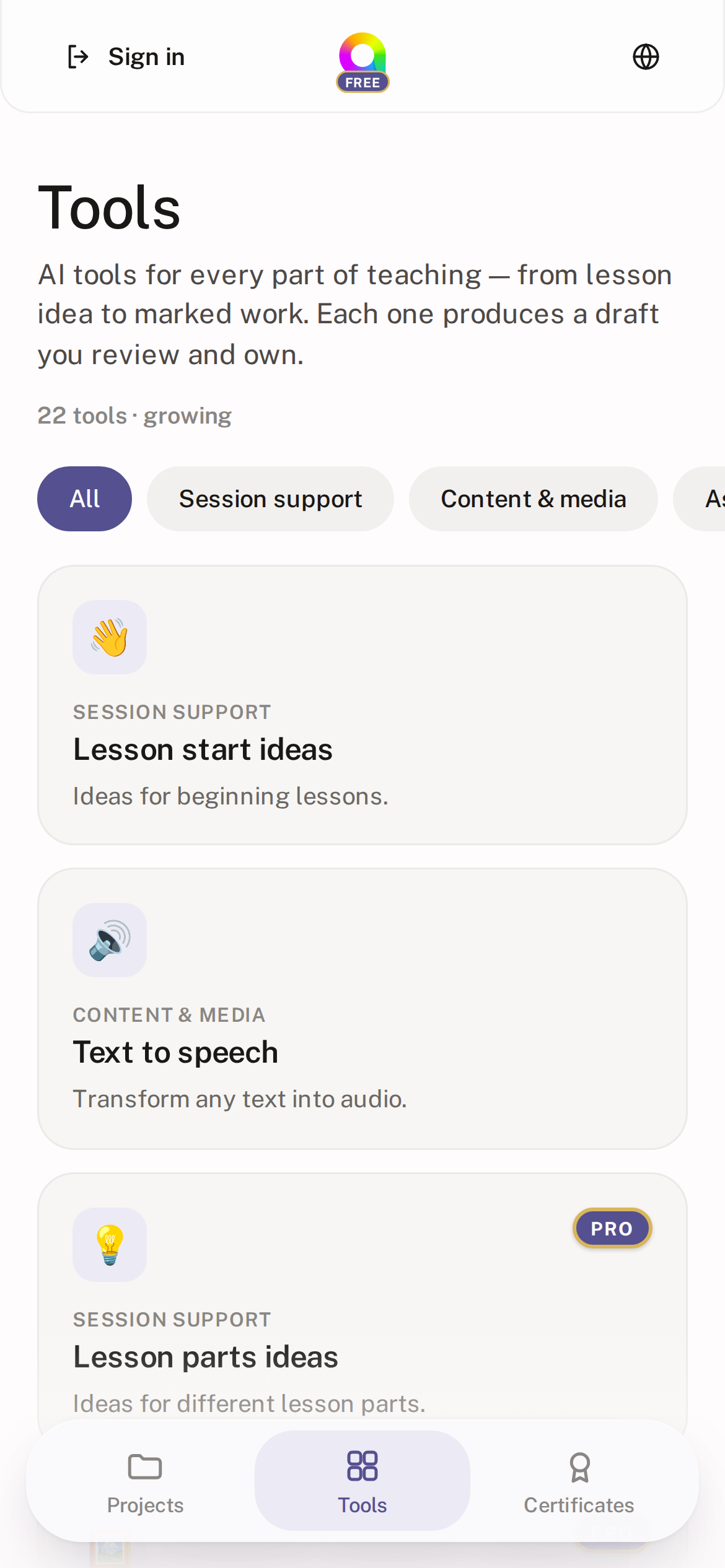 Aidemia on a phone, showing the list of teaching tools