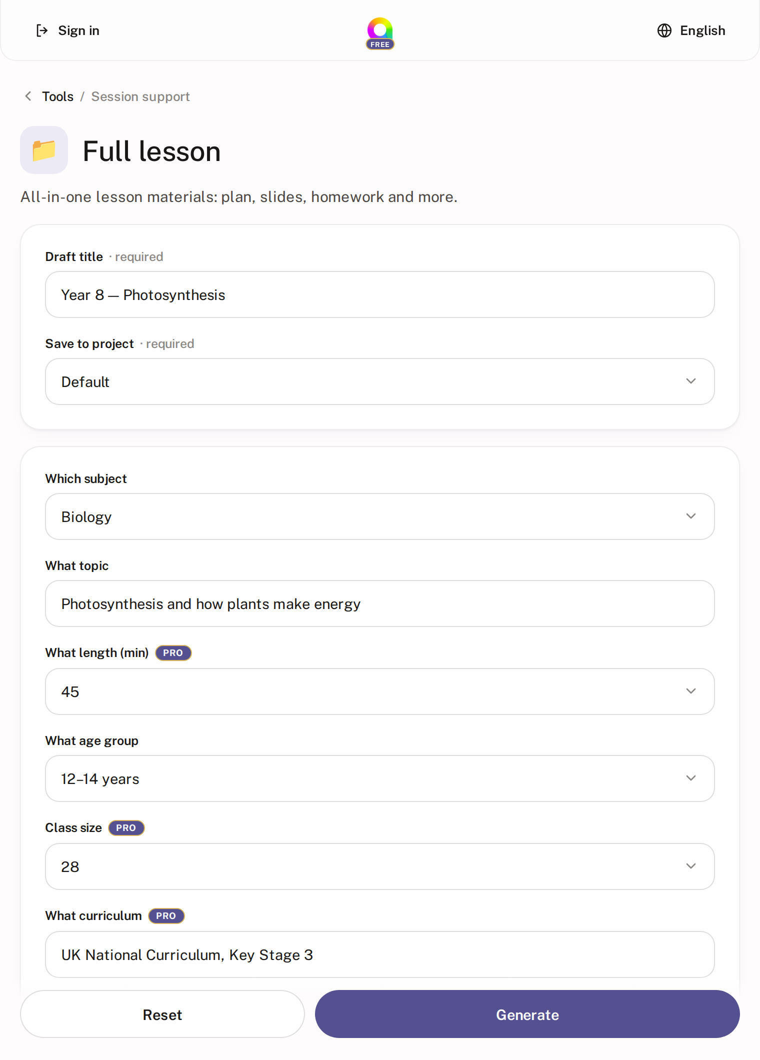 The Full lesson tool with fields for subject, topic, lesson length, age group and curriculum